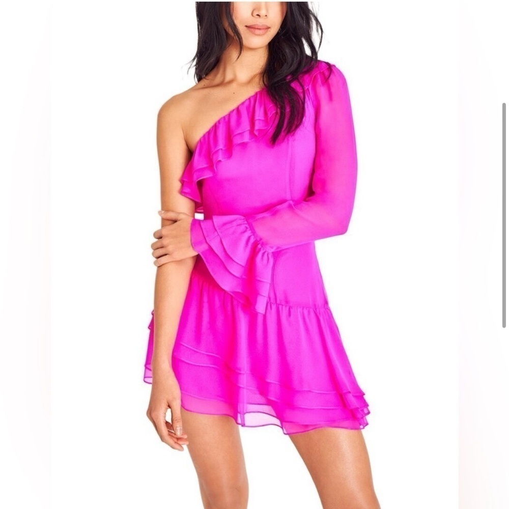 LOVESHACKFANCY 100% Silk Chiffon Hot Pink One Shoulder Darling Dress Size XS NWT